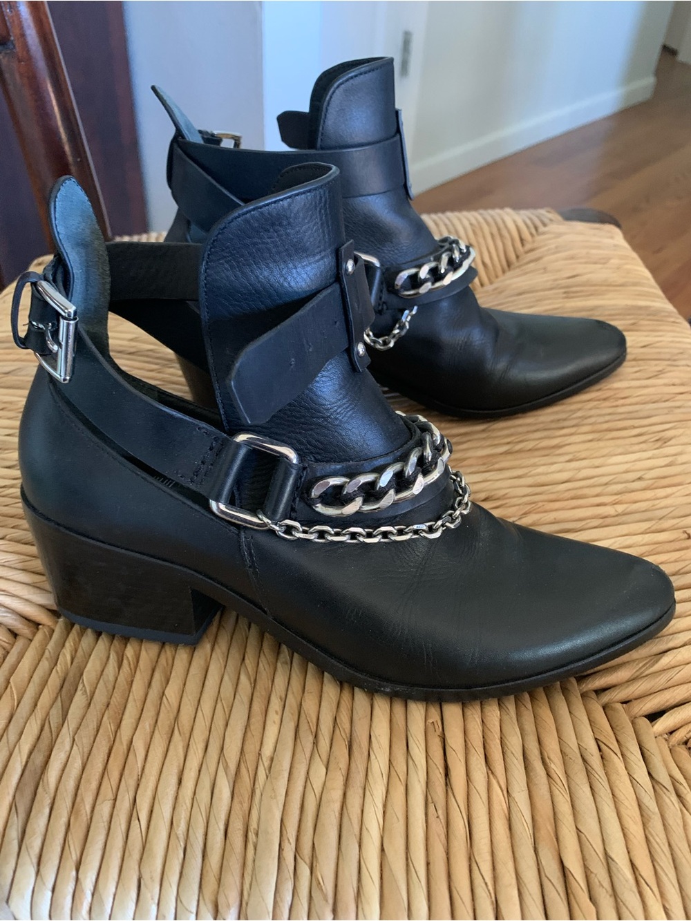 Size 6 Belle by Sigerson Morrison Black Leather Chain-Accent Ankle Booties